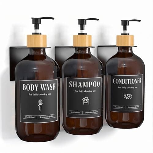 Luxspire Shampoo and Conditioner Dispenser, Shower Soap Dispenser Wall Mounted 3 Sets Plastic Bottles Bamboo Pump, 17OZ Shampoo and Conditioner Bottles for Bathroom, Shower Wall and Hotel, Amber - Image 1