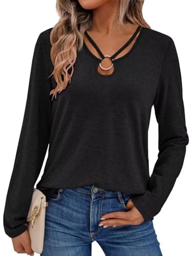 2025 Women's Long Sleeve Tops Keyhole Neck Detail Crew Neck Shirts Ring Cut Out Design Stretchy Tees (US, Alpha, XX-Large, Regular, Regular, Black) - Image 1