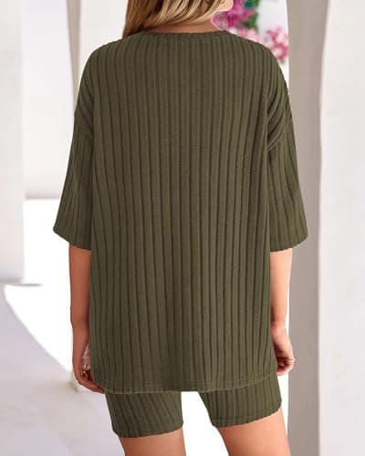 KIRUNDO Short Sets For Women Summer 2 Piece Matching Lounge Sets Casual Rib Knit Tshirts Biker Shorts Beach Vacation Outfits (Army Green, Large) - Thumbnail 5