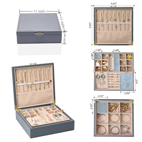 ASINGYER 2-layer jewelry box，Jewelry Organizer with Handle，with hanging necklace hooks, detachable jewelry trays, suitable for storing a large amount of jewelry gift box (Large-Grey) - Thumbnail 3