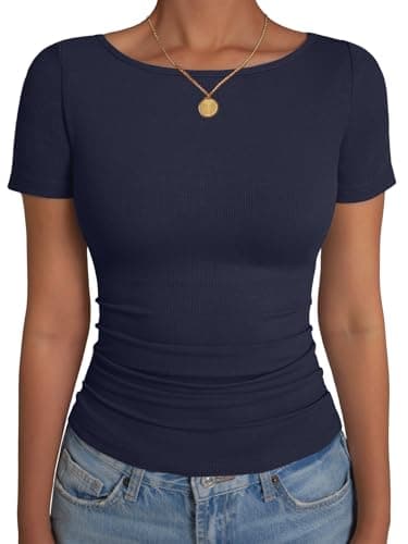 GKBK Boat Neck Tops for Women Ribbed Short Sleeve T-Shirts Slim Fitted Tight Compression Top Soft Y2K Basic Casual Going Out Tops for Spring Summer 2026 Trendy Fashion Outfits Navy Blue - Image 1