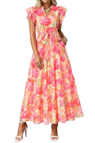 dowerme Women Summer Maxi Dresses 2026 Ruffle Sleeve V Neck Floral Boho Long Dress Belted Tiered Sundress with Pockets(Orange Red Big Floral,Small) - Image 1