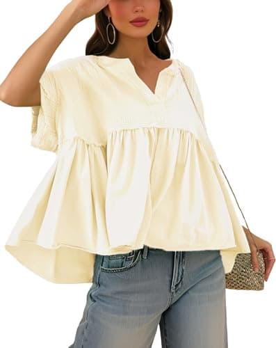KGGT Women's 100% Cotton Peplum Tops V Neck Short Sleeve Babydoll Blouse Flowy Pleated Tunic for Summer(White,S) - Image 1