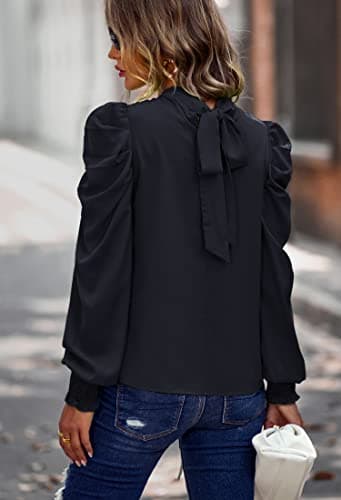 Angashion Womens Tops Casual Crewneck Long Lantern Sleeve Self Tie Blouses Solid Tunic Shirts 2026 Black Small - Thumbnail 3