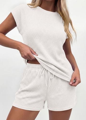 KIRUNDO Waffle Knit Short Sets For Women 2026 Summer Two Piece Cap Sleeve Lounge Set Matching Drawstring Vacation Outfits(White, Medium) - Thumbnail 4