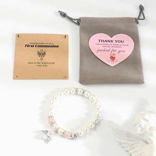 BAYLAY First Communion Gifts for Girls - First Communion Bracelet for Girls, Angel Wings Pearl Heart Z Initial Bracelets - Thumbnail 6