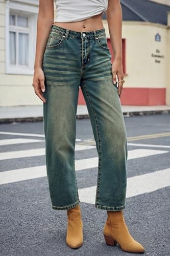 PEIHOT Mid Waisted Barrel Women Jeans Trendy Boyfriend Stretch Loose Crop Denim Pants with Pockets Retro Blue - Thumbnail 3