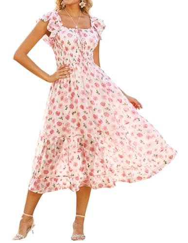 GRACE KARIN Women's Floral Midi Cottagecore Dress Square Neck Ruffle Sleeve Spring Dress Formal Wedding Guest Dresses Pink L