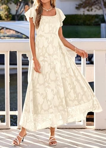 KIRUNDO Cocktail Dresses for Women Elegant Wedding Guest Summer Formal Maxi Lace Floral Slit Prom Party Bridesmaid Dress (Beige, Small) - Thumbnail 2