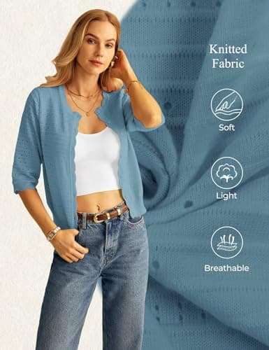 GRACE KARIN Womens Short Sleeve Cardigan Sweater, Lightweight Cropped Cardigan, Dressy Casual Crochet Bolero Shrugs Light Blue - Thumbnail 4