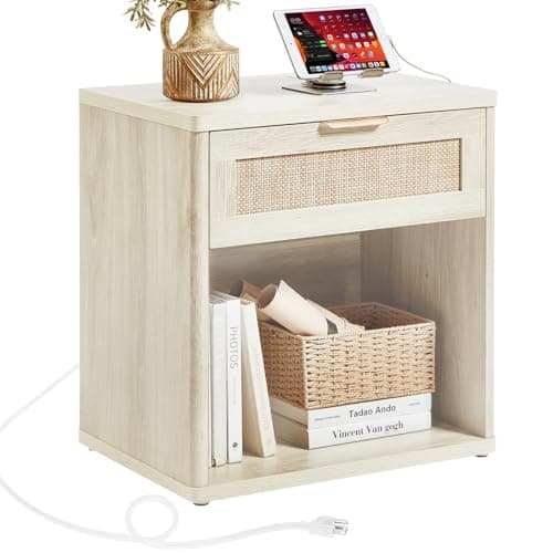 LEYAOYAO Rattan Nightstand with Charging Station, Grey White Night Stand with Drawer, 23" Wide Boho Bedside Table with Storage Shelf, Bed Side End Tables for Bedroom, Living Room, Hallway - Image 1