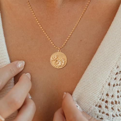 MEVECCO Gold Birth Flower Coin Necklace for Women 12 Month April Daisy Pendent 18K Gold Plated with Beaded Chain Personalized Embossed Floral Disc Necklace Birthday Gifts - Thumbnail 3