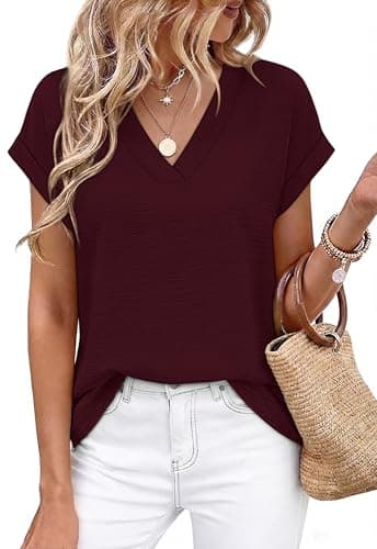 WIHOLL Womens Blouses Dressy Casual V Neck Tshirts Business Casual Outfits for Women Summer Tops 2026 Short Sleeve Shirts Loose Fit Beach Vacation Clothes Burgundy M - Image 1