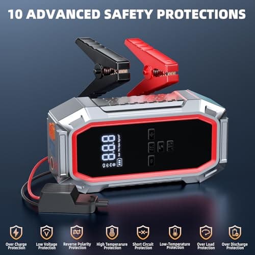 Jump Starter with Air Compressor, 5000A Peak Car Battery Jump Starter(9.0 Gas/8.0L Diesel), 160PSI 12V Jump Box Car Battery Jumper Starter Portable with Smart Jumper Cables, LED Lights, LCD Display - Thumbnail 6