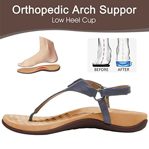 Athlefit Women's Comfortable Orthopedic Sandals Thong Dressy T-Strap Orthotic Casual Summer Arch Support Navy Sandals size 6 - Thumbnail 3