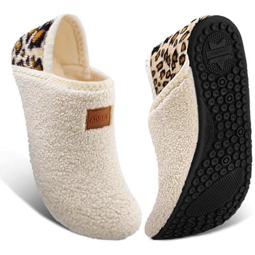 ATHMILE House Slippers for Women Men Indoor Barefoot Slippers Socks Furry Slip on House Shoes Cozy Comfy for Home Bedroom Travel Yoga Women 6.5-7.5 Beige Leopard - Image 1