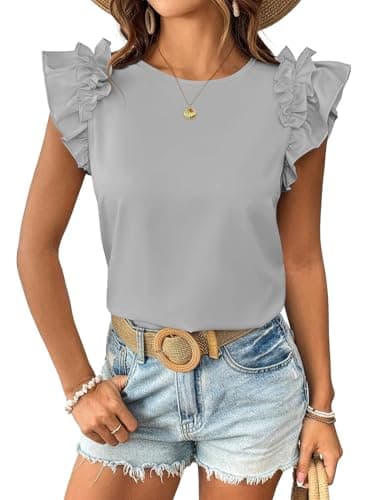 Summer Tops for Women 2026 Trendy Ruffle Short Sleeve Tops Casual Cute Loose Fit T-Shirts Crew Neck Fashion Dressy Blouses Tee Tops Grey M - Image 1