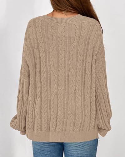 KIRUNDO Oversized Chunky Cable Knit Sweater Women 2026 Fall Fashion Cozy Long Sleeve Crewneck Pullover Winter Clothing(Khaki, XX-Large) - Thumbnail 2