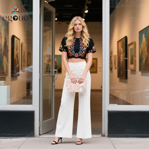 EGOUE Clutch Purses for Women, Embroidered Floral Clutch Bag with Leather Wrist Strap for Daily Travel, Parties & Wedding - Thumbnail 2