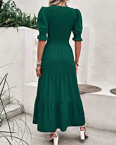 BTFBM Women Casual Summer Dresses 2025 Spring Crew Neck Ruffle Short Sleeve Floral Print Smocked Boho Flowy Maxi Dress(Solid Dark Green, Medium) - Thumbnail 4