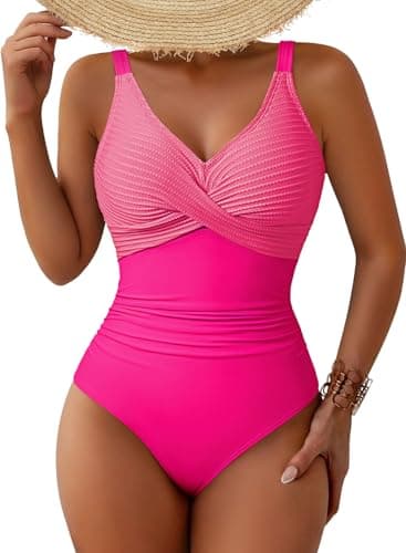 Pink Queen One Piece Swimsuit Women Casual Tummy Control Contrast Color Bathing Suit 2026 Ruched Swimsuit Rose Red S - Image 1