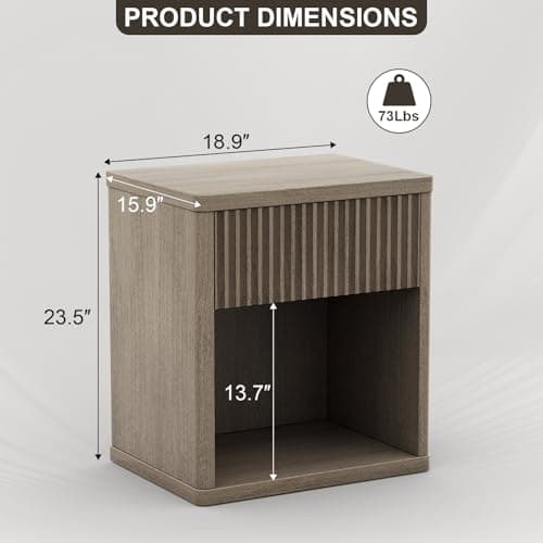 Night Stand Fluted Nightstand with Drawers for Bedroom, Modern Mid Century Bedside Table with Open Storage Shelf, Wood Night Stands End Table for Living Room Sofa Home Office Antiqued Brown Oak - Thumbnail 2