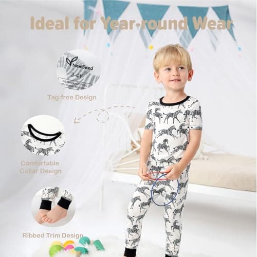 NewSeed Kids 2-Piece So Soft 2-Piece Playtime Set – Short Sleeve Crew Neck Top with Matching Leggings, Little to Big Kids (Zebras, 7-8Y) - Thumbnail 5