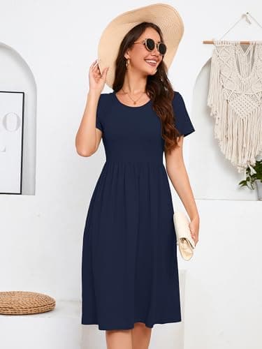 DEARCASE Women's Dresses Navy Blue X-Large Short Sleeve A line Summer Beach Midi Sundress Casual Wedding Guest Flowy Swing Cocktail Slimming Birthday Party Spring Travel Long Dress with Pockets - Thumbnail 6
