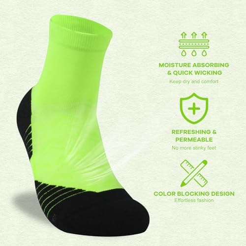 NIcool Men'S Running Socks Green, 3 Pairs St Patrick's Day Socks Cushioned Cycling Athletic Socks For Womens Comfortable Bright Green Seamless Compression Quarter Socks For Tennis Hiking, Neon Green - Thumbnail 4
