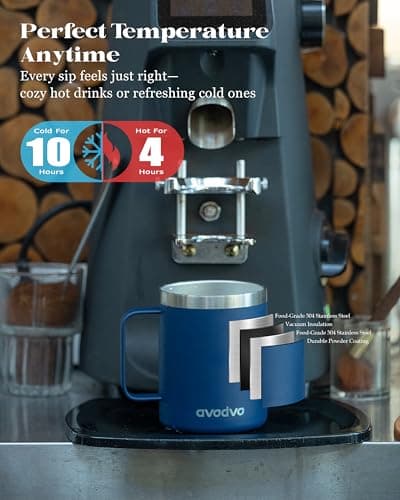 avodvo 12oz Insulated Coffee Mug with Lid – Includes Two Lids, Stainless Steel Coffee Travel Mug with Handle, Double Wall Vacuum Insulated Camping Mug for Home, Office & Outdoor, White - Thumbnail 2