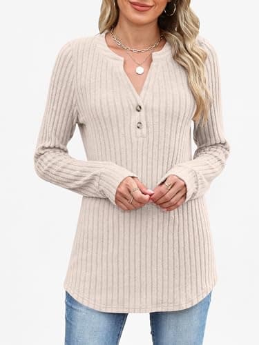 ANRABESS Womens Henley Shirts Long Sleeve Tunic Tops 2025 Fall Fashion Outfits Ribbed Knit Sweaters Ladies Casual Clothes Light Khaki - Thumbnail 4