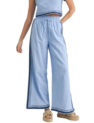 Wefebi Womens Casual Wide Leg Side Striped Pant Drawstring Elastic Waist Lounge Palazzo Pants with Pockets(Blue-XS) - Image 1