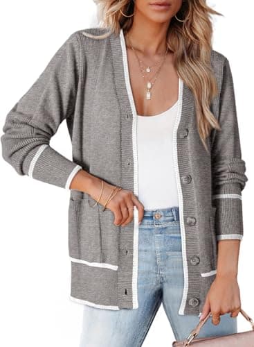 Dokotoo Short Cardigans for Women Open Front Lightweight Fashion Color Block 2024 Fall Fashion Knit Sweaters with Pockets,Gray Small - Image 1