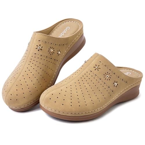 Goldnut Closed Toe Clogs for Women Slip-On Mules: Brown Comfortable Women's Mules & Clogs with Carved Floral Design US Size 7 - Thumbnail 6
