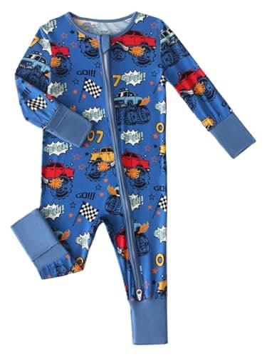 Joonberry Unisex Baby Bamboo Viscose Long Sleeve Romper, Cute Prints Zipper Footless Jumpsuit, Toddler One-Piece Outfits(Blue Racing Car, 12-18M) - Image 1