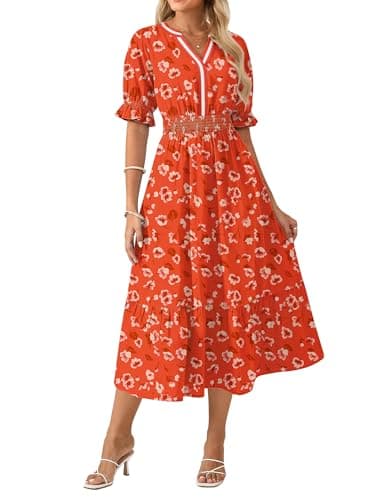 GRACE KARIN Womens Summer Floral Maxi Dress 2026 Casual Ruffle Short Sleeve Boho Dress A Line Flowy Dresses with Pockets Orange Flower L - Image 1