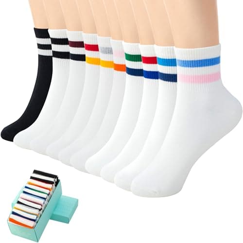 SISOSOCK Quarter Crew Cotton Socks for Women Striped Athletic Casual Breathable Socks 6-10 Pairs with Gifts Box - Image 1