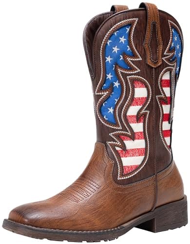 Jousen Cowboy Boots for Men Western Boot Side Zipper American Flag Retro Square Toe Mid-Calf Mens Boots(AMY8428 brown 11) - Image 1