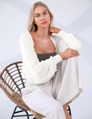 Totatuit Women's Long Sleeve Bolero Shrug for Dresses Open Front Knit Cropped Cardigan Loose Y2K Cardigan Sweater White - Thumbnail 2