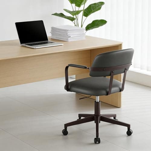 BERYTH Home Office Desk Chair, Mid-Century Modern Desk Chair with Padded Arms, Adjustable Seat Height, Mid Back 360° Small Computer Chair with Mobile Mute Wheel, PU Leather (Dark Grey) - Thumbnail 2