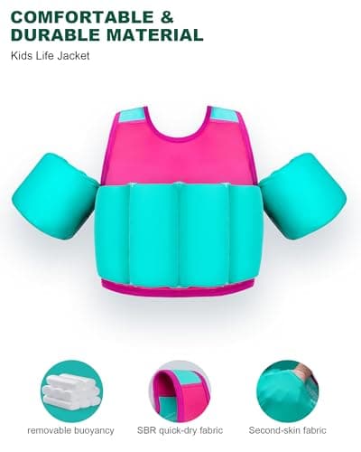 AEOCOO Toddler Swim Vest 20-30-50-70 Pounds, Kids Pool Floaties for 1-2-3-5-7-9 Years Old, Comfortable Wear Bright Float Jacket with Water Ring, Unpadded Sides for Arm Comfort, Boys, Girls, Pink - Thumbnail 3