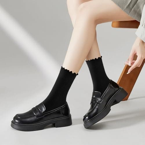 MORECOO Ruffle Socks Woman, Ruffle Turn-Cuff Breathable Cool Knit Cotton Lettuce Frilly Crew Mid-Calf Socks 6 Pack - Thumbnail 3