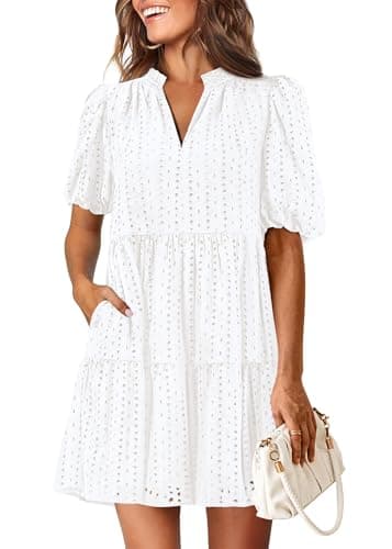 KIRUNDO Eyelet Summer Dresses for Women 2026 Mini Casual Hollow Out Short Sleeve Lace Tiered V Neck Shift Dress Pockets(White, Medium) - Image 1