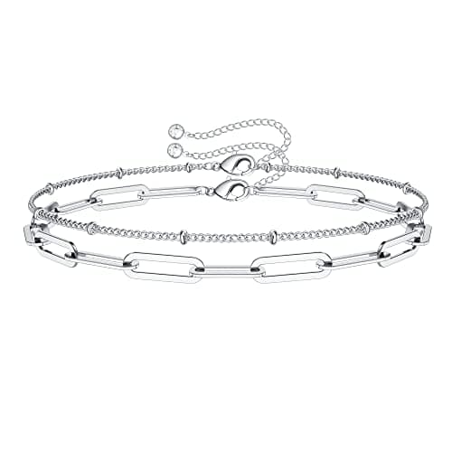 Turandoss Silver Bracelets for Women, 14K Gold Plated Layering Oval Chain Silver Bracelet Cute Silver Layered Beads Chain Silver Bracelets for Women - Image 1