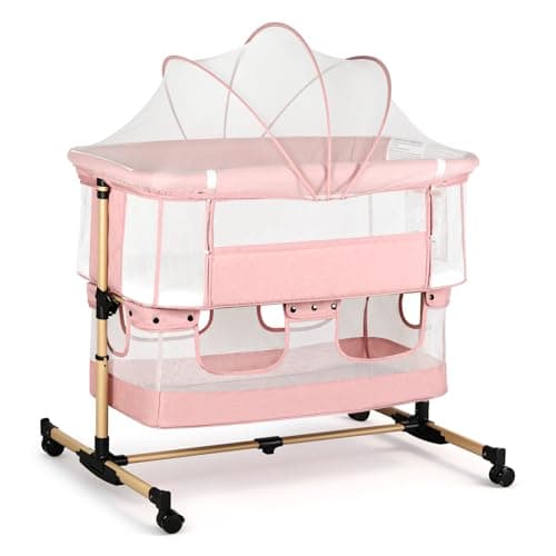 cutebeams Baby Bassinet, 3 in 1 Infant Bassinet Bedside Sleeper, Bassinet with Cover, Rocking Bedside Bassinet for Baby with Storage Basket, Foldable & Adjustable Travel Crib (Light Pink)