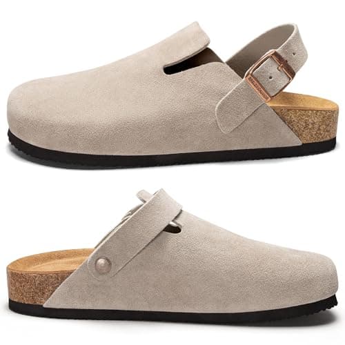Brelzo Calvior Womens Suede Clogs Mens Leather Mules Arch Support Potato Shoes Slip On Slipper Sandals with Adjustable Buckle for Outdoor Use, Tan Size 10 - Thumbnail 6