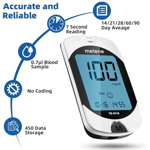 Metene TD-4116 Blood Glucose Monitor Kit, 100 Glucometer Strips, 100 Lancets, 1 Blood Sugar Monitor, Blood Sugar Test Kit with Control Solution, Lancing Device, No Coding, Large Display - Thumbnail 2