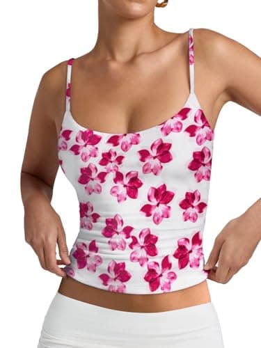 PINKMSTYLE Womens Summer Floral Print Tank Tops Slim Fit Scoop Neck Double Lined Sleeveless Top Going Out Beach Vacation Cami Tops Pink Flowers Medium - Image 1