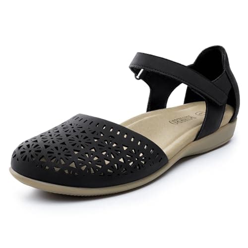 Rihero Womens Closed Toe Sandals Black Dressy Hollow Out Adjustable Ankle Strap Sandals for Women Summer Casual Flats with Arch Support for Office Beach 7 - Image 1