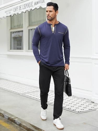 Hardaddy Men's Color Contrast Henley Shirt Long Sleeve Button T-Shirt Lightweight Henley Tshirt for Men Basic Pullover Shirt with Pocket Navy Blue 3XL - Thumbnail 4